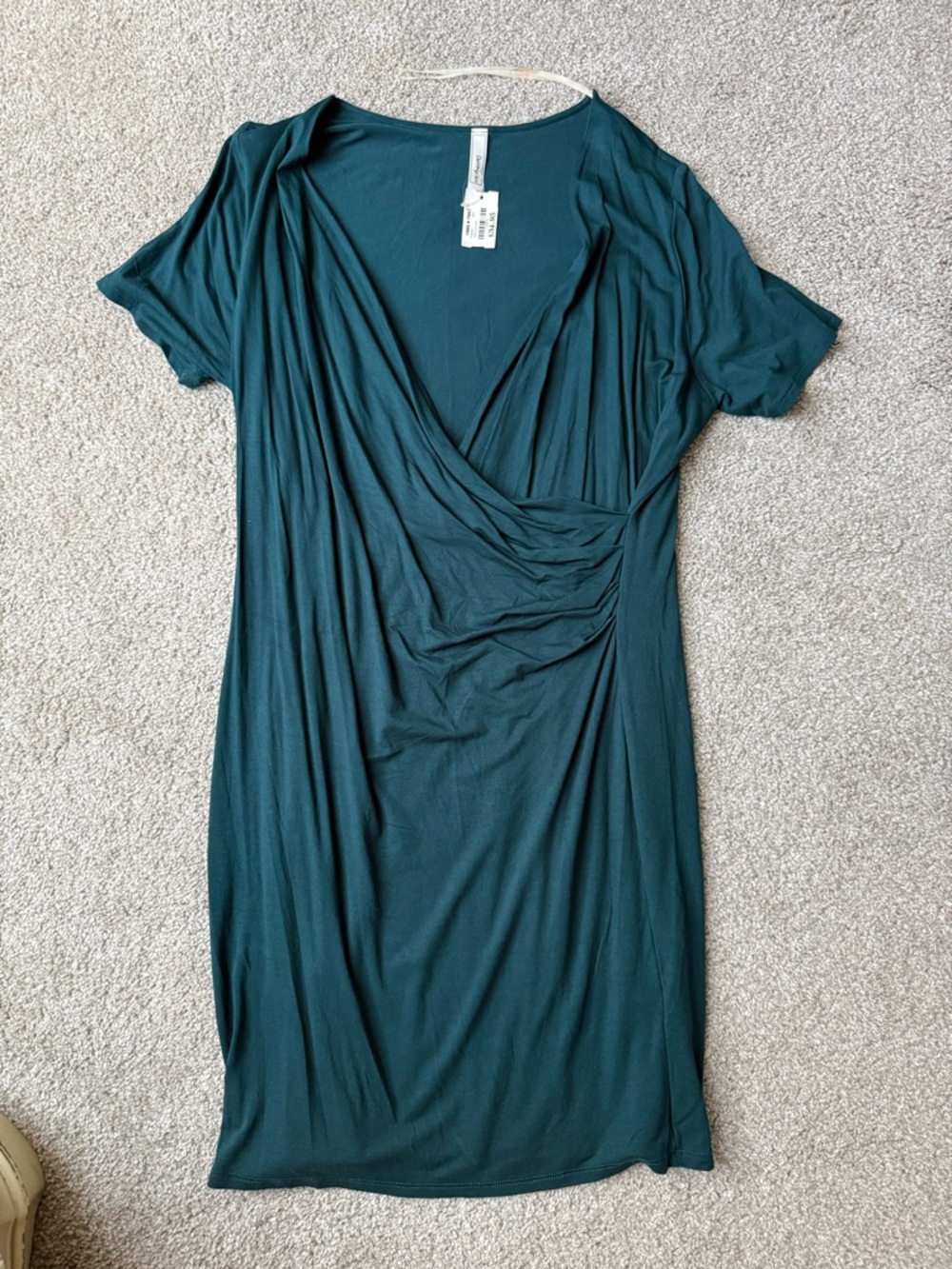 Short Sleeve Faux-Wrap Midi Dress in Deep Teal